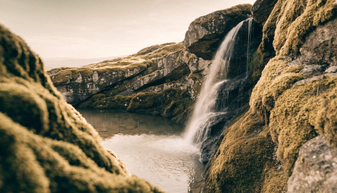 Ein Wasserfall lässt gestautes Wasser sanft aus einem ruhigen Bergsee ab.