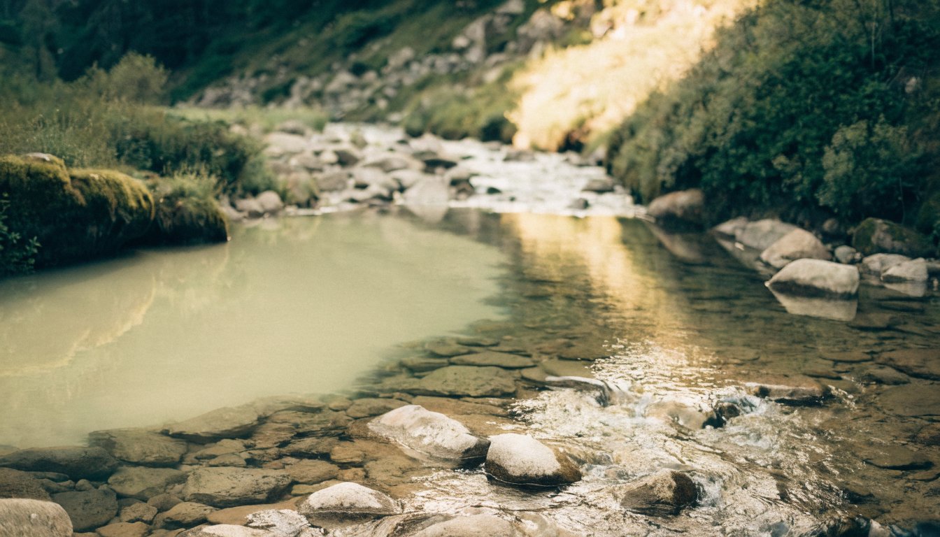 Ein klarer Bergbach fließt an trübem Wasser vorbei, ohne sich zu vermischen.