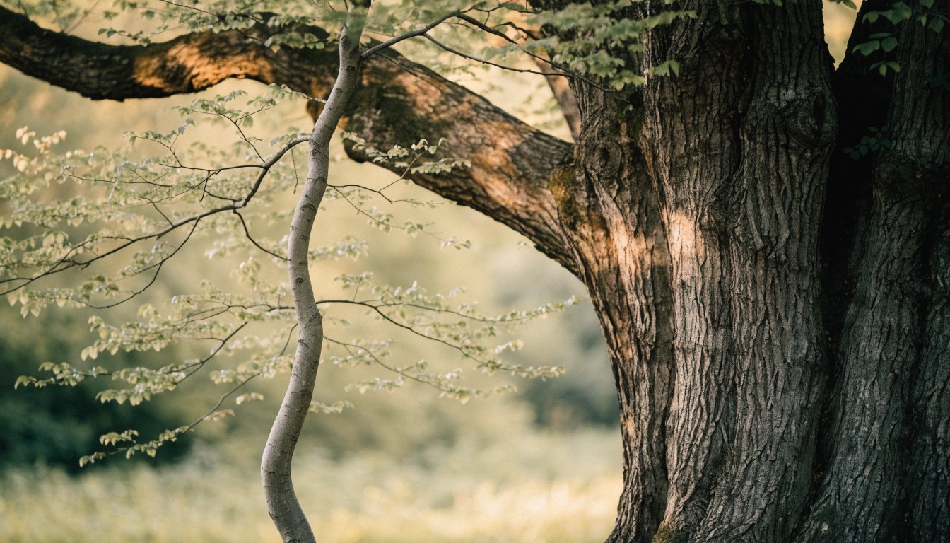 Ein junger Baum steht nah bei einem alten, ihre Äste berühren sich sanft.