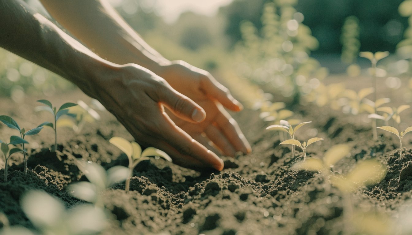Hände pflegen sanft junge Setzlinge in einem sonnigen Gartenbeet.