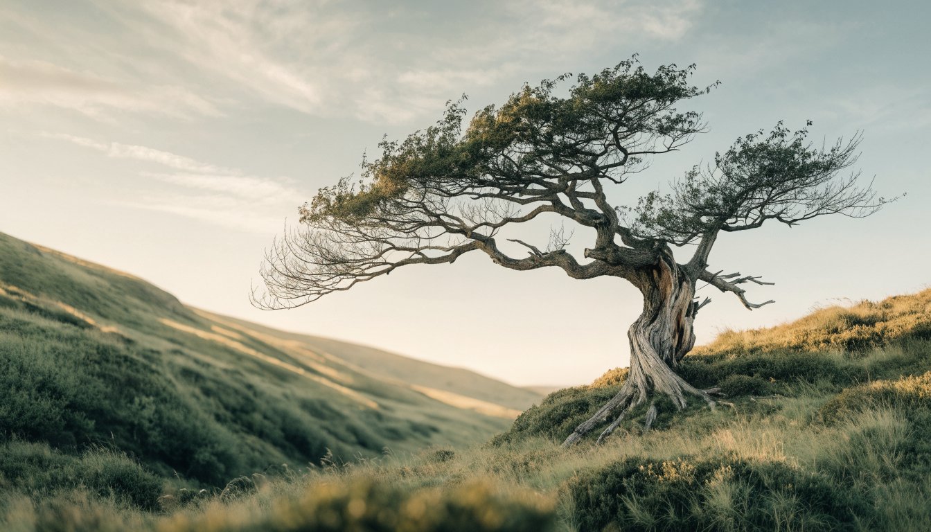 Ein alter Baum steht fest auf einem windigen Hügel, tief verwurzelt.
