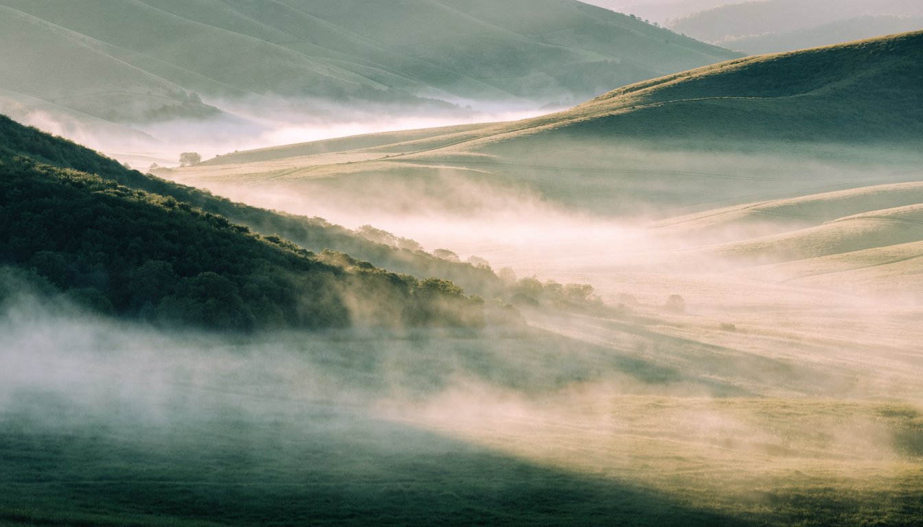 Morgennebel hebt sich über einem stillen Tal und gibt sanfte Hügel frei.