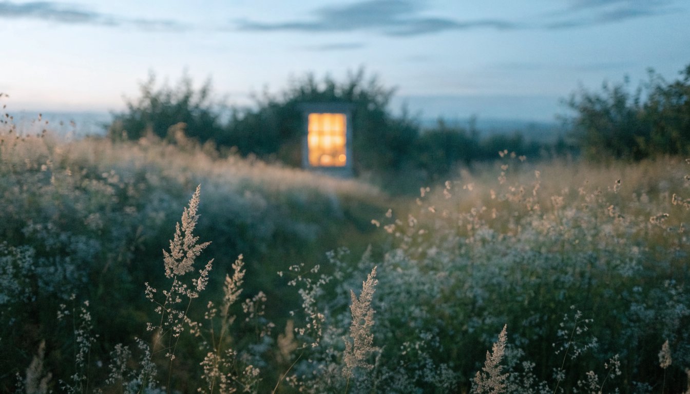 Ein warm erleuchtetes Fenster über einer Wiese in der Dämmerung