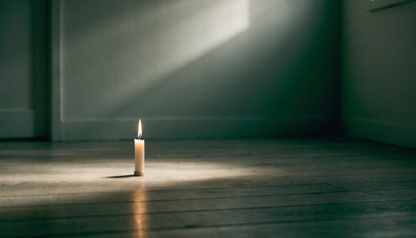 Eine ruhige Kerzenflamme in einem stillen, leeren Raum