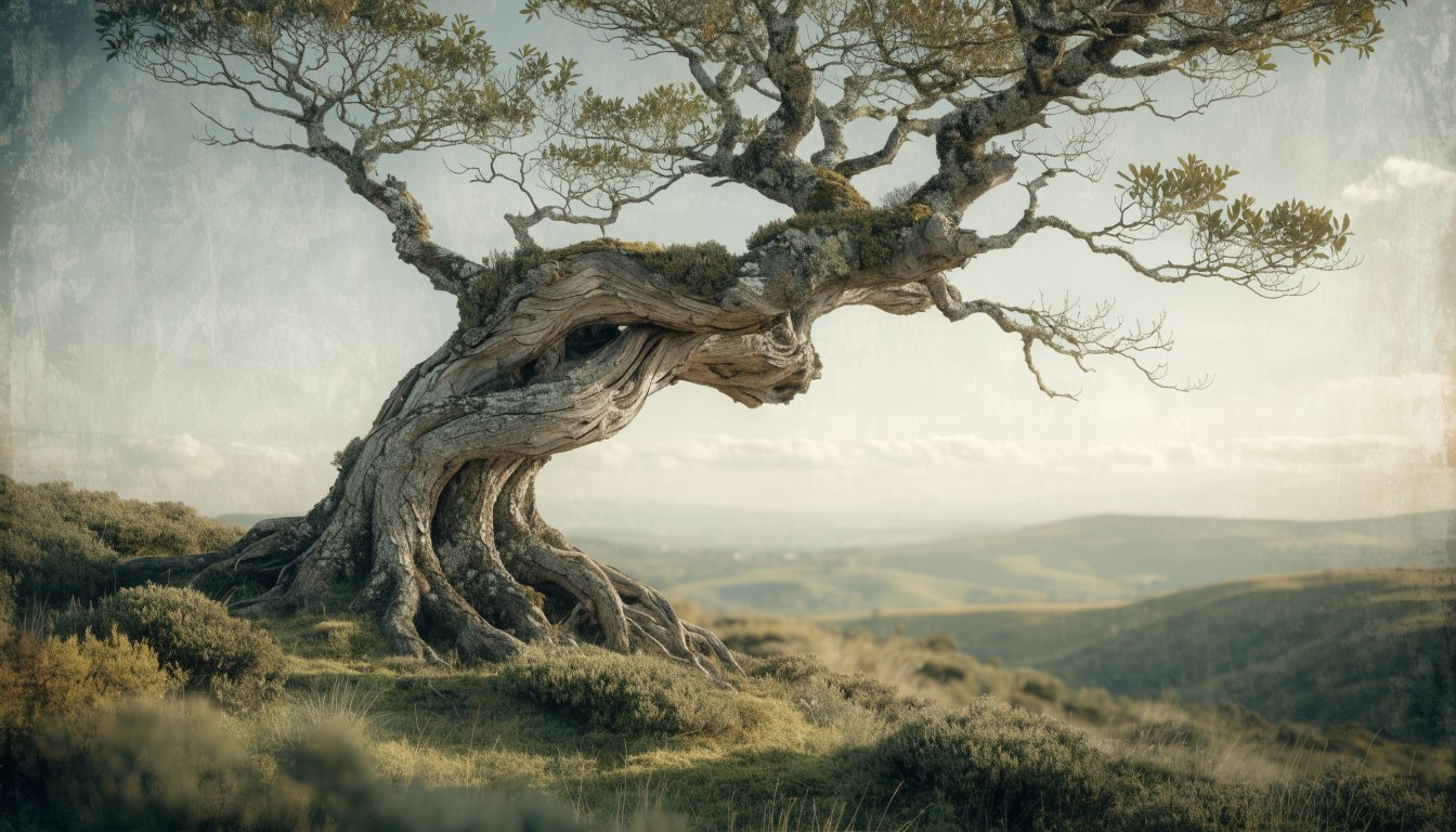 Ein vom Wind geneigter alter Baum steht fest verwurzelt nach dem Sturm