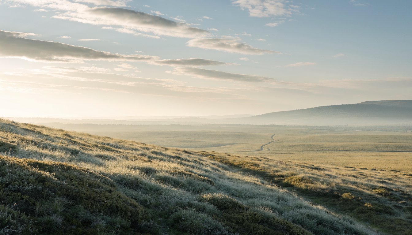 Eine weite Landschaft im ersten Licht, ein Pfad führt zum Horizont