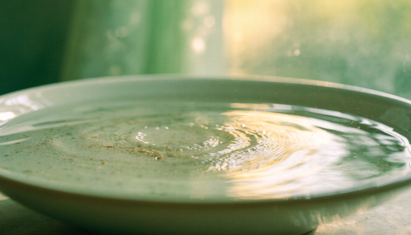 In einer Wasserschale sinkt aufgewirbelter Sand, die Oberfläche wird klar