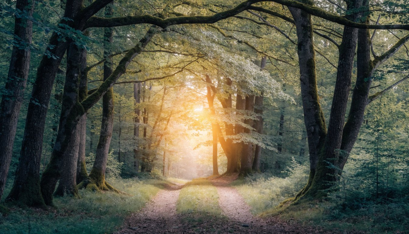 Waldweg teilt sich im warmen goldenen Licht