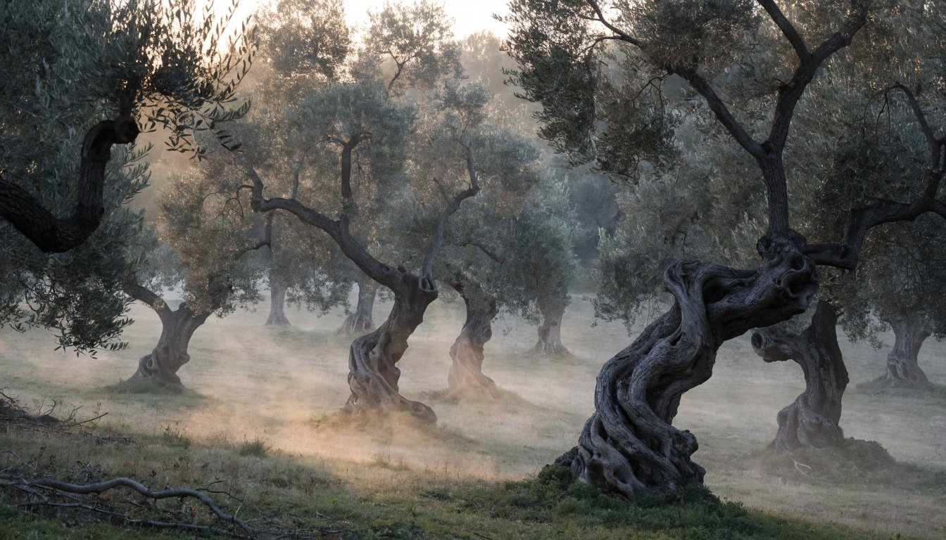 Ruhiger Olivenhain im Morgennebel bei Sonnenaufgang