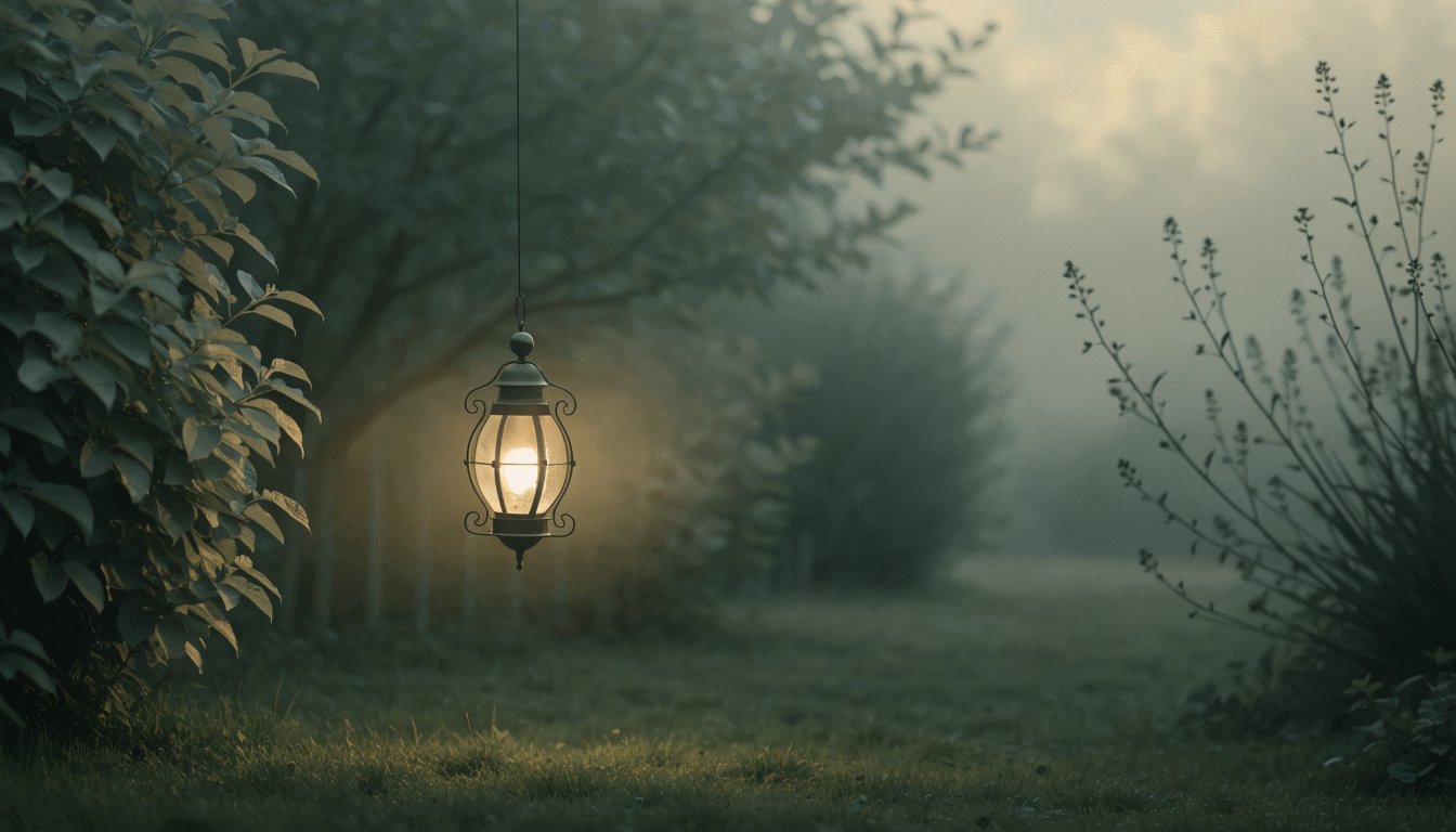 Einzelne Laterne in einem stillen Garten in der Dämmerung