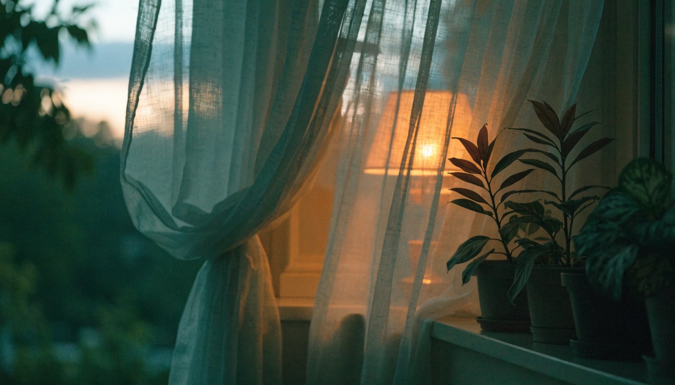 Warmes Lampenlicht durch Vorhänge auf Pflanzen am Fenster