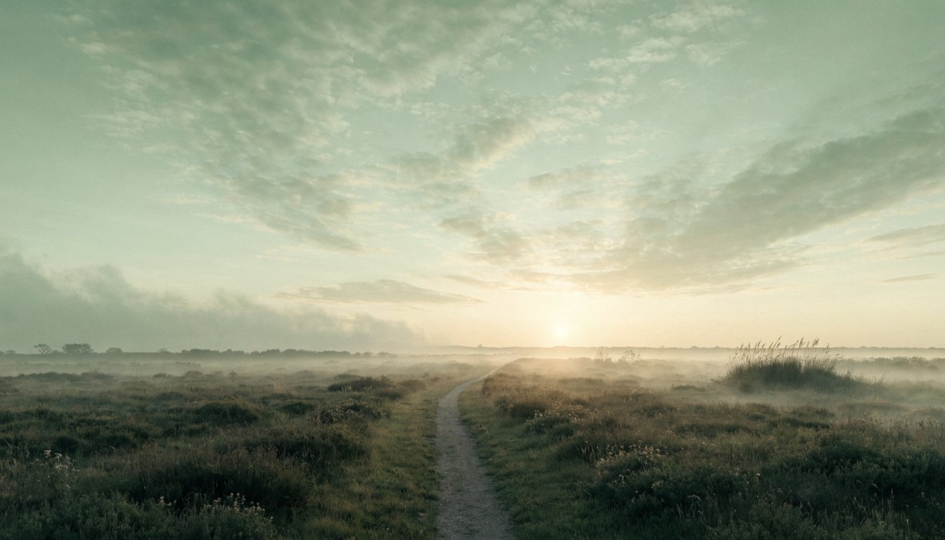 Offener Horizont bei Sonnenaufgang mit einem einzelnen Pfad