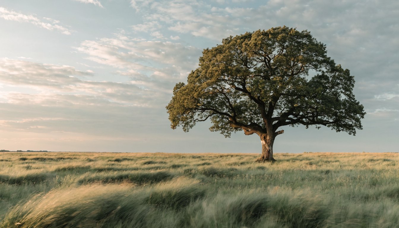 Einzelner kräftiger Baum steht fest auf offener Wiese