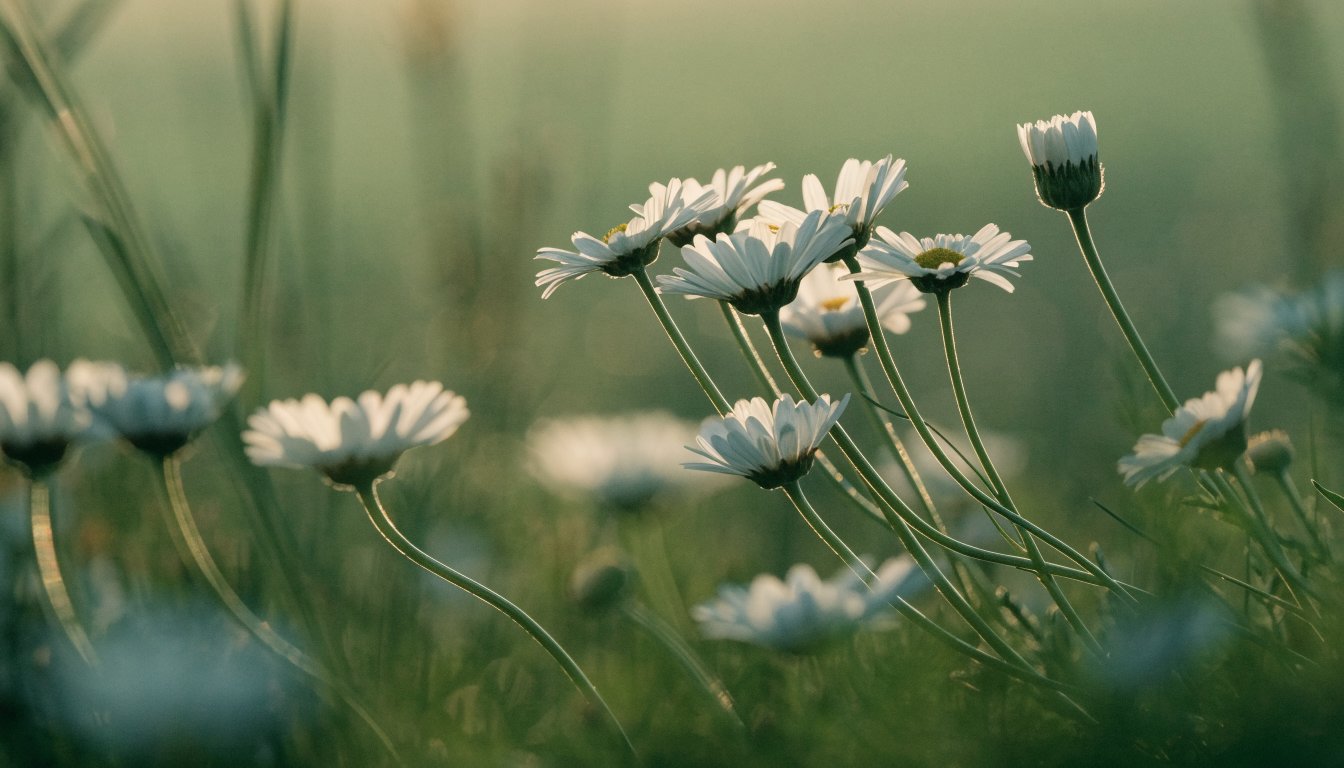 Weiße Wiesenmargeriten wachsen dicht beieinander, eine Knospe berührt sanft ihre Nachbarn im Morgenlicht