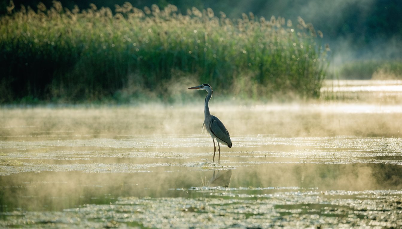 Ein einsamer Reiher steht still im flachen Feuchtgebiet, während sich Nebel im ersten Morgenlicht hebt