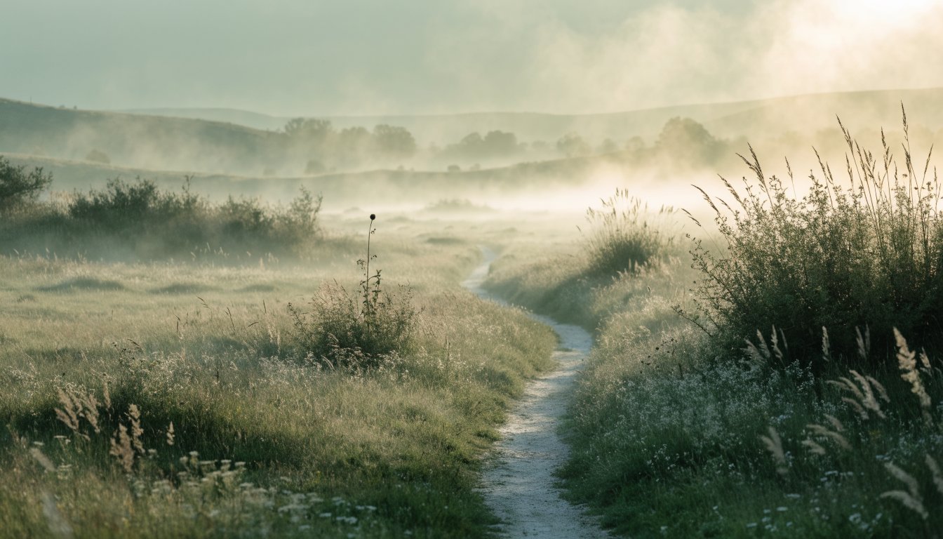 Unbekannte, stille Wiese im blassen Morgenlicht mit einem Pfad, der durch aufsteigenden Nebel führt