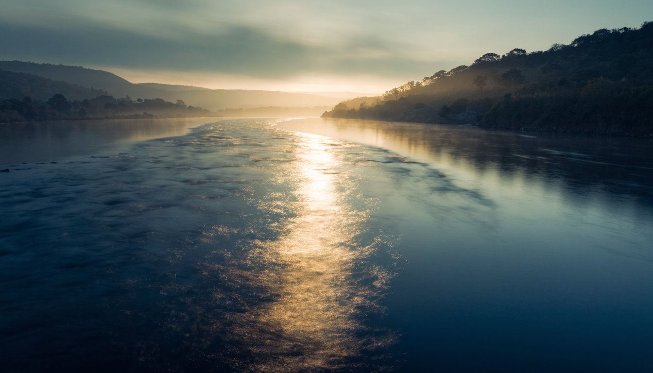 Dunkler Fluss verwandelt sich im Sonnenaufgang golden und findet einen ruhigen neuen Lauf