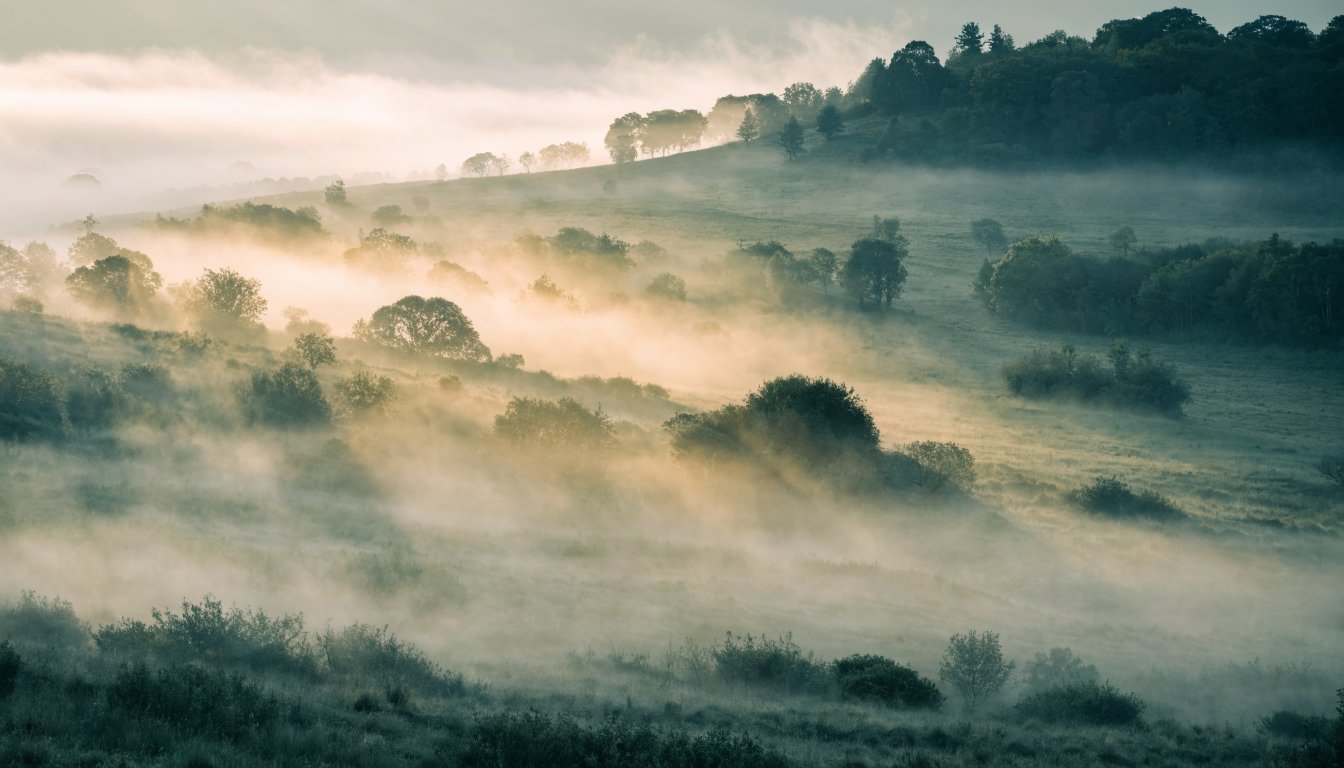 Grauer Nebel über einem Tal lichtet sich ungleichmäßig, warmes Goldlicht bricht stellenweise durch