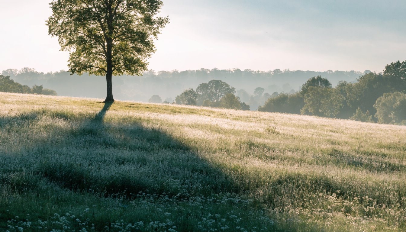 Langer Baumschatten auf taufeuchter Wiese wird im erstarkenden Morgenlicht kürzer