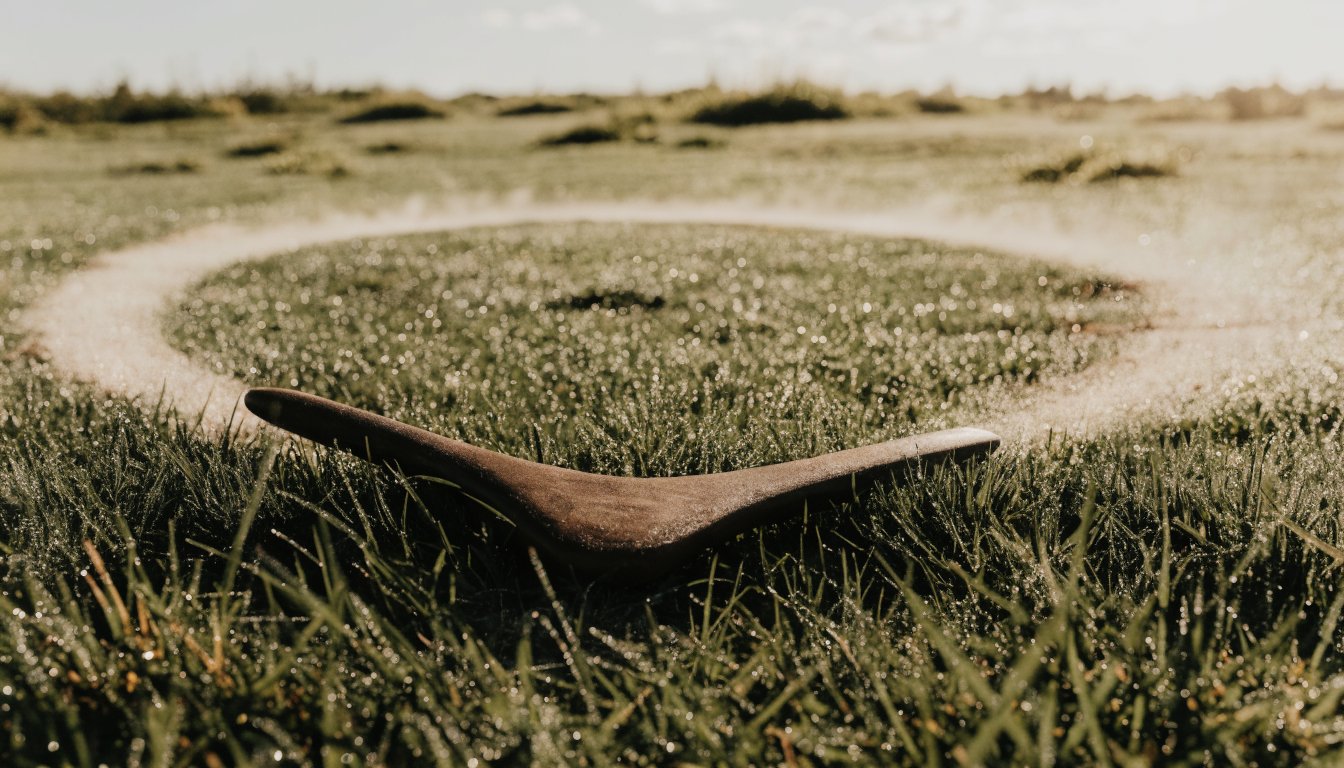 Ein Bumerang liegt im Gras, eine Staubspur zeigt seine Kreisbahn