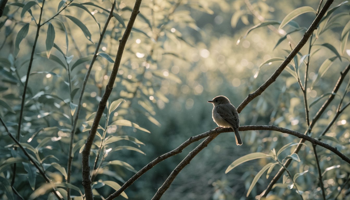 Ein Vogel sitzt ruhig auf einem sanft schwankenden Ast im Morgenlicht.
