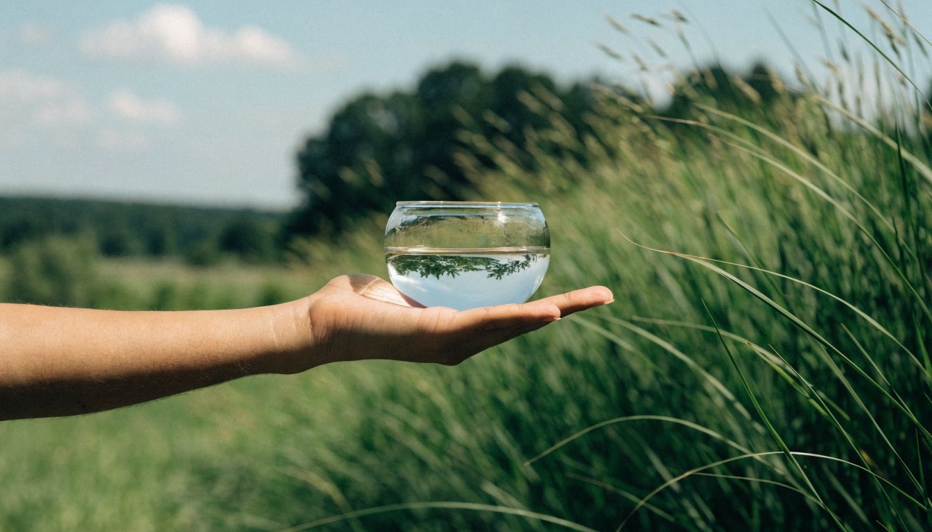 Eine Schale mit ruhigem Wasser balanciert auf einer Hand im Wind