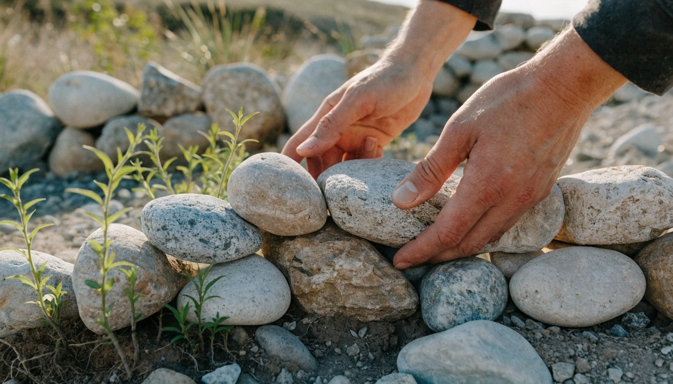 Hände schichten Steine zu einer Mauer, die junge Pflanzen schützt