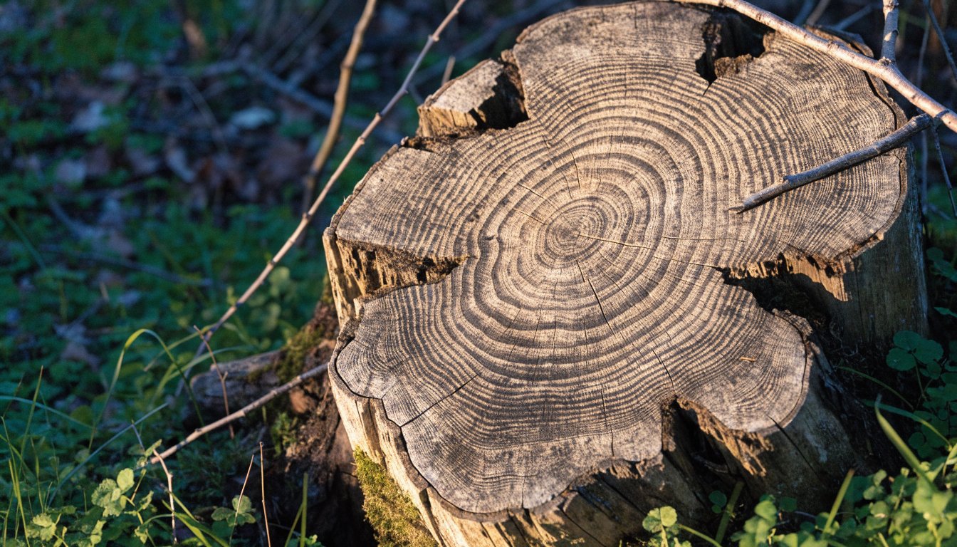 Ein Baumstumpf zeigt zahlreiche Jahresringe im warmen Morgenlicht