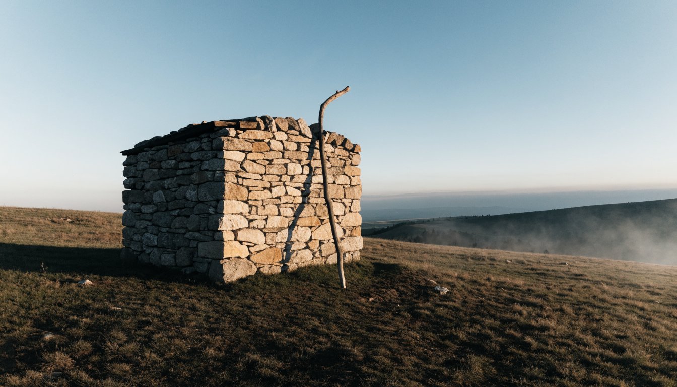 Ein Holzstab lehnt an einer schlichten Steinhütte im Morgenlicht