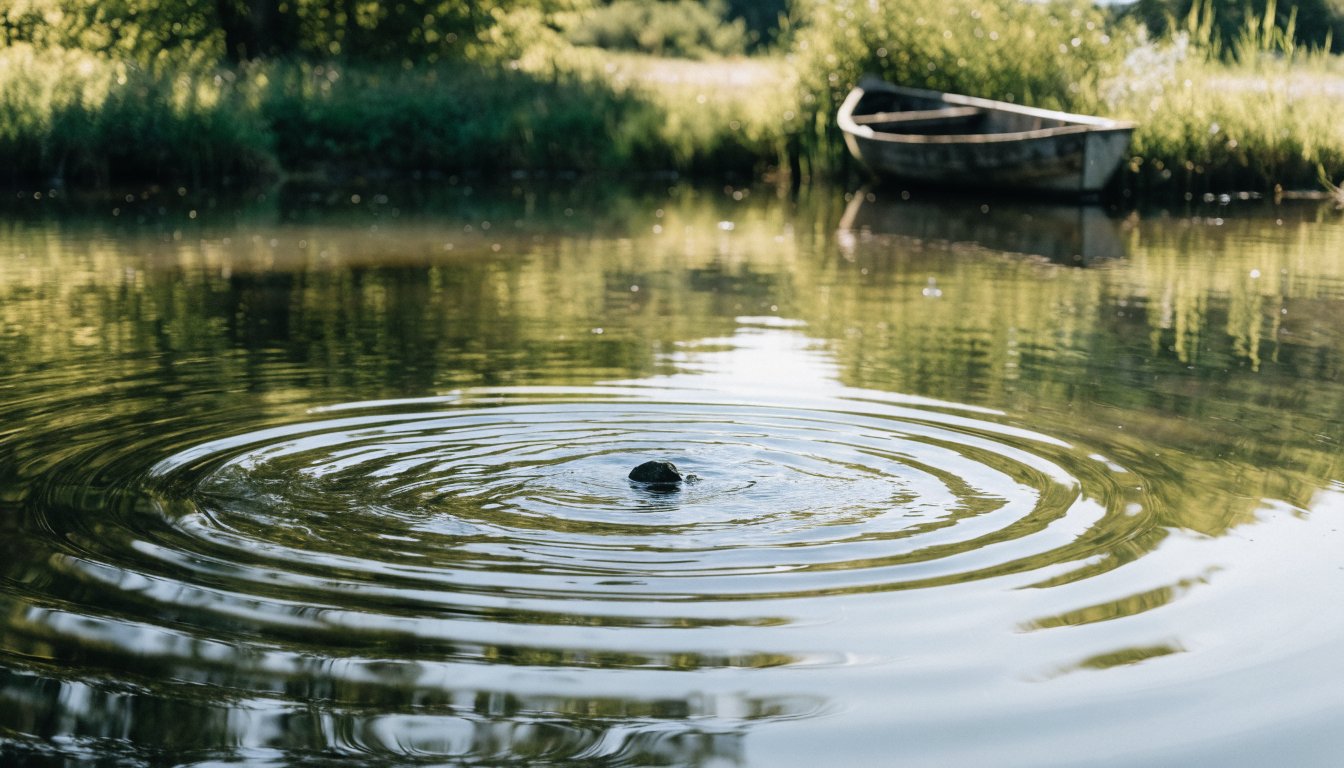 Ringe eines Steinwurfs erreichen sanft ein Boot am fernen Ufer.