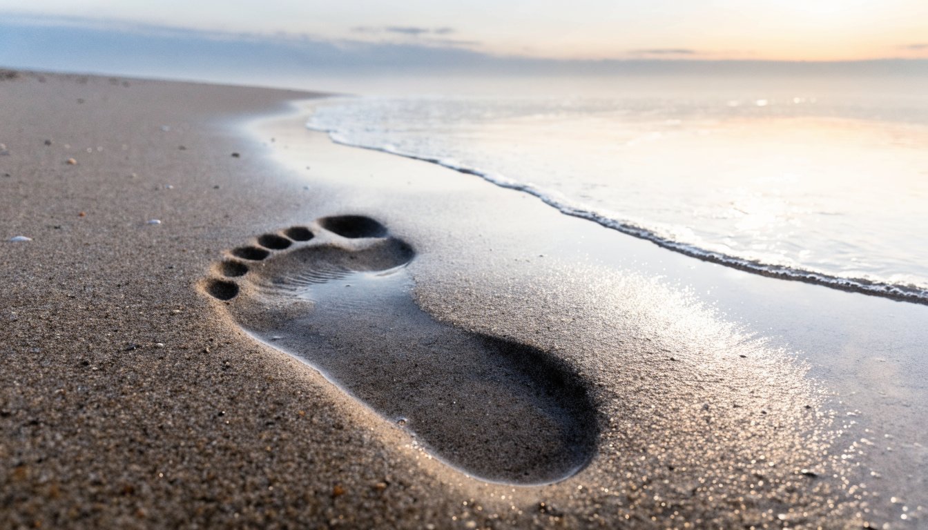 Ein Fußabdruck im Sand füllt sich mit der zurückkehrenden Flut.