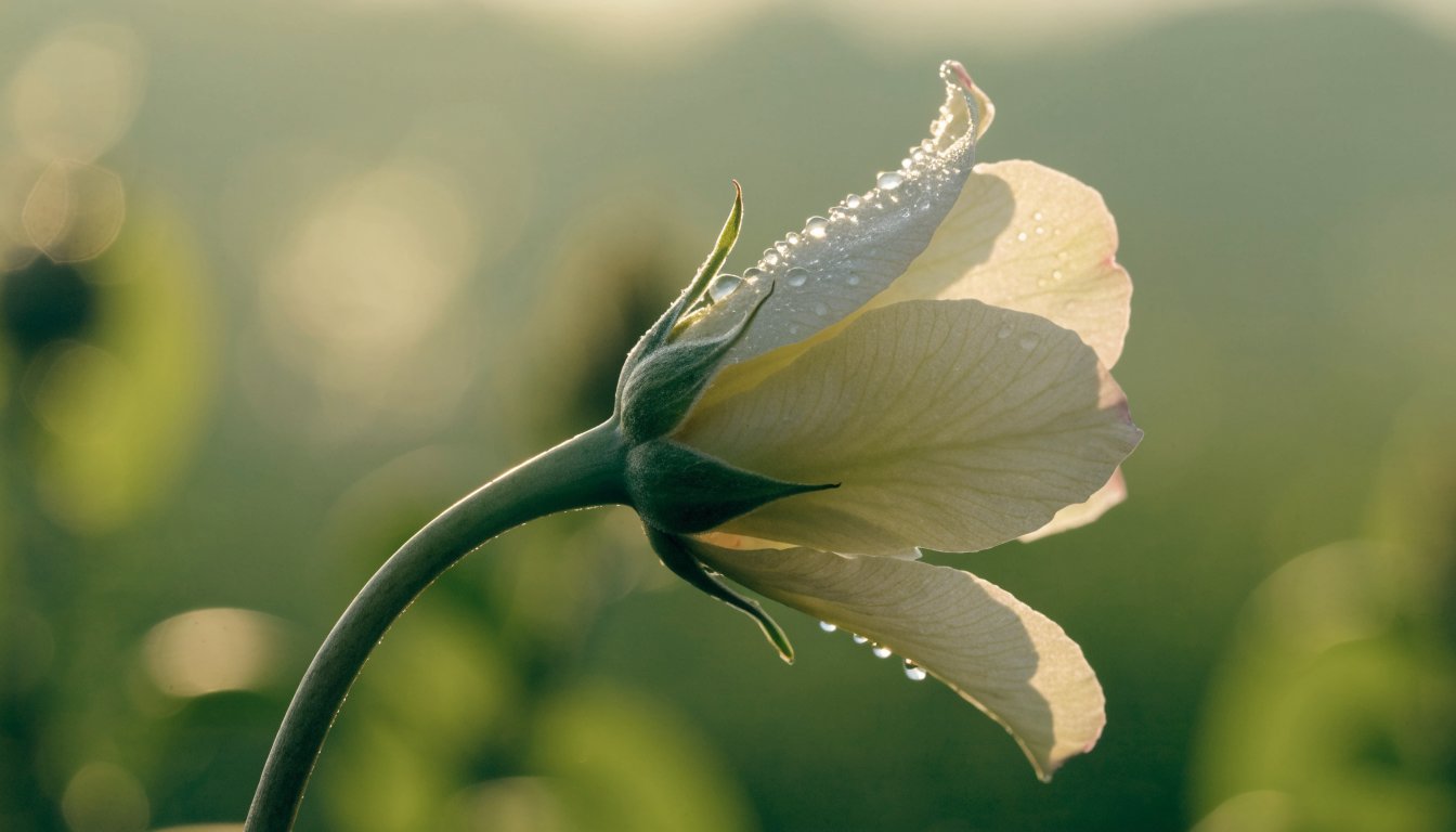 A flower bud slowly opens in gentle morning light