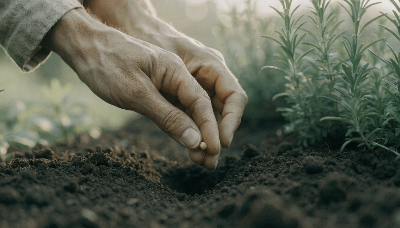 Hands gently plant a single seed in fresh soil
