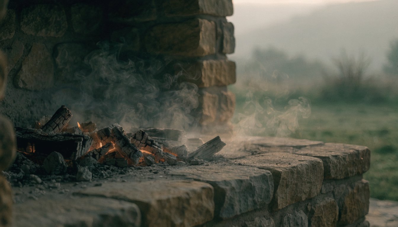Warm embers in a stone fire pit in cool morning light