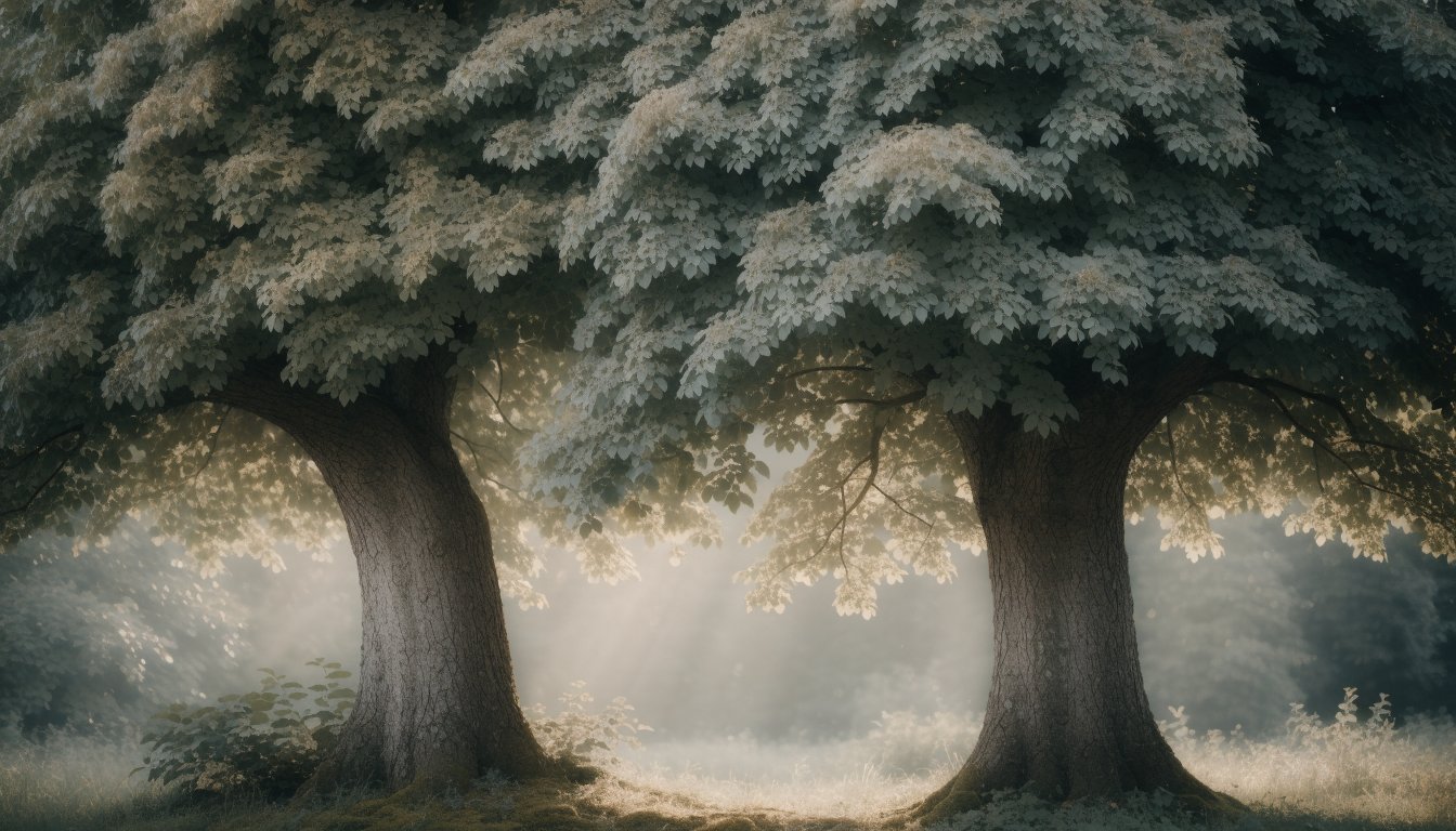 Two trees stand side by side, their crowns touching in morning light