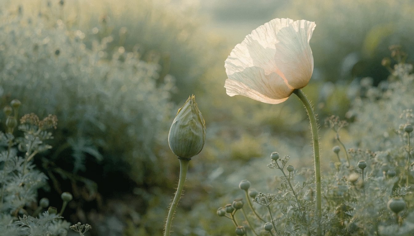 An open blossom and a bud stand side by side in the same light