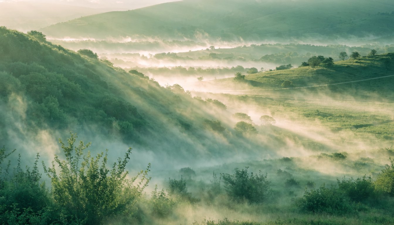 Morning sun dissolves the mist over a green valley