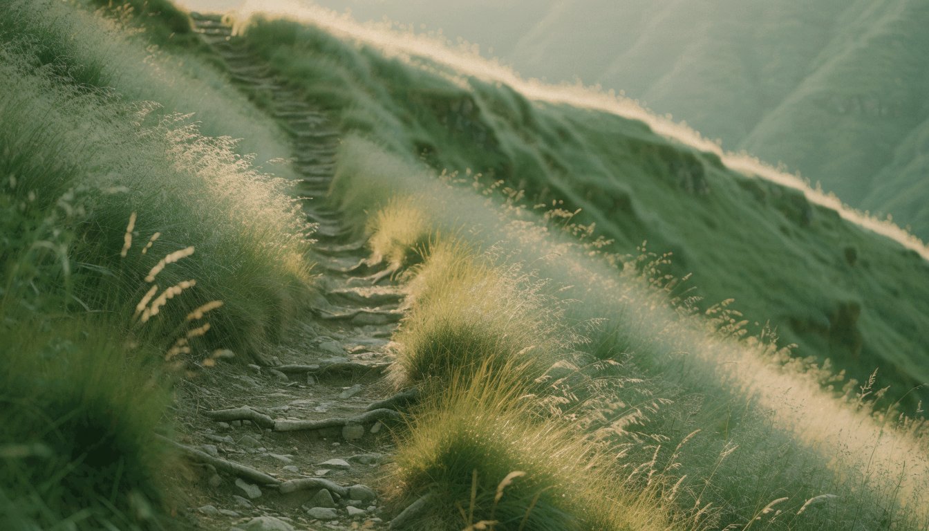 A narrow path leads up a slope into warm light