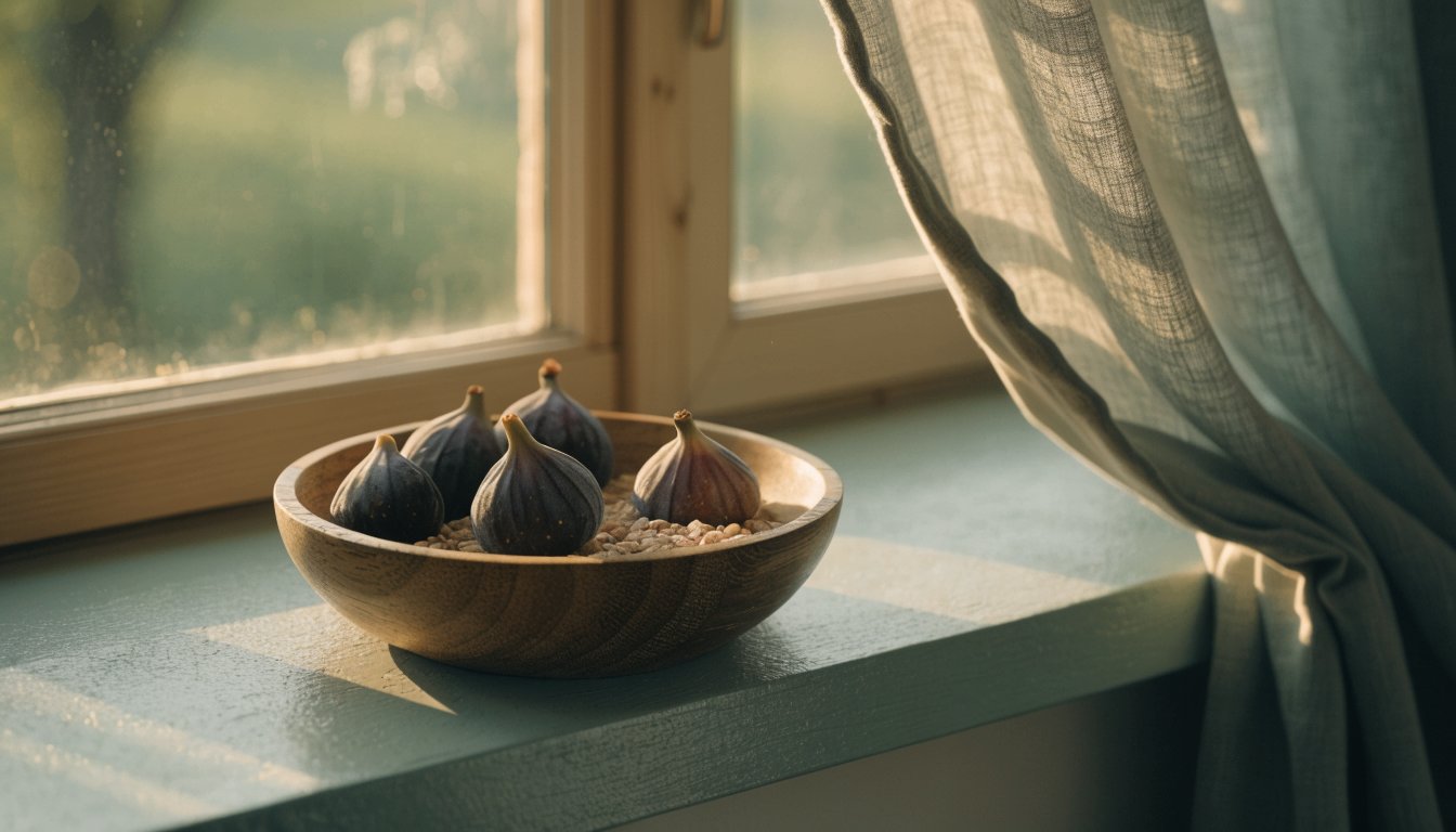 A simple wooden bowl with fruit and grain in afternoon light