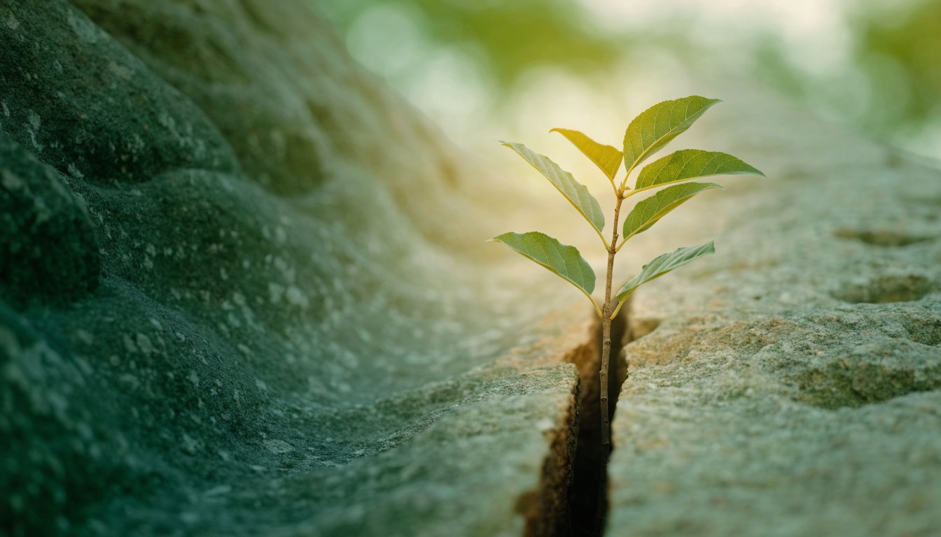 A young shoot grows upright from a crack in weathered stone