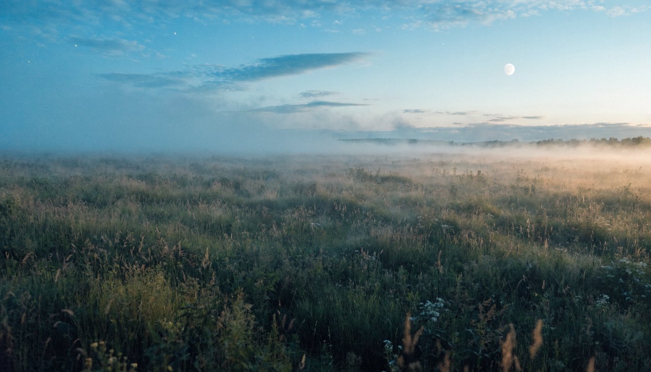 Moonlit meadow in blue-gold twilight