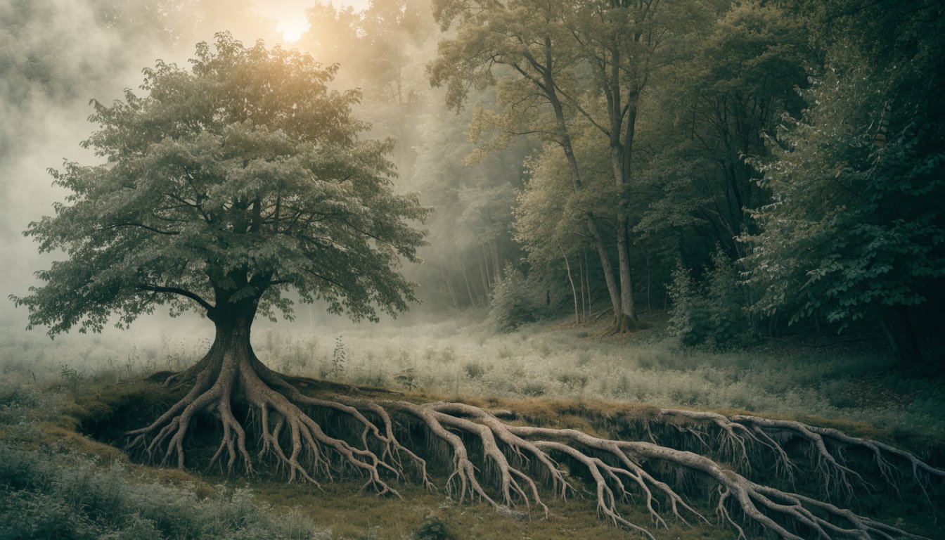 Solitary tree connected by visible roots to the forest