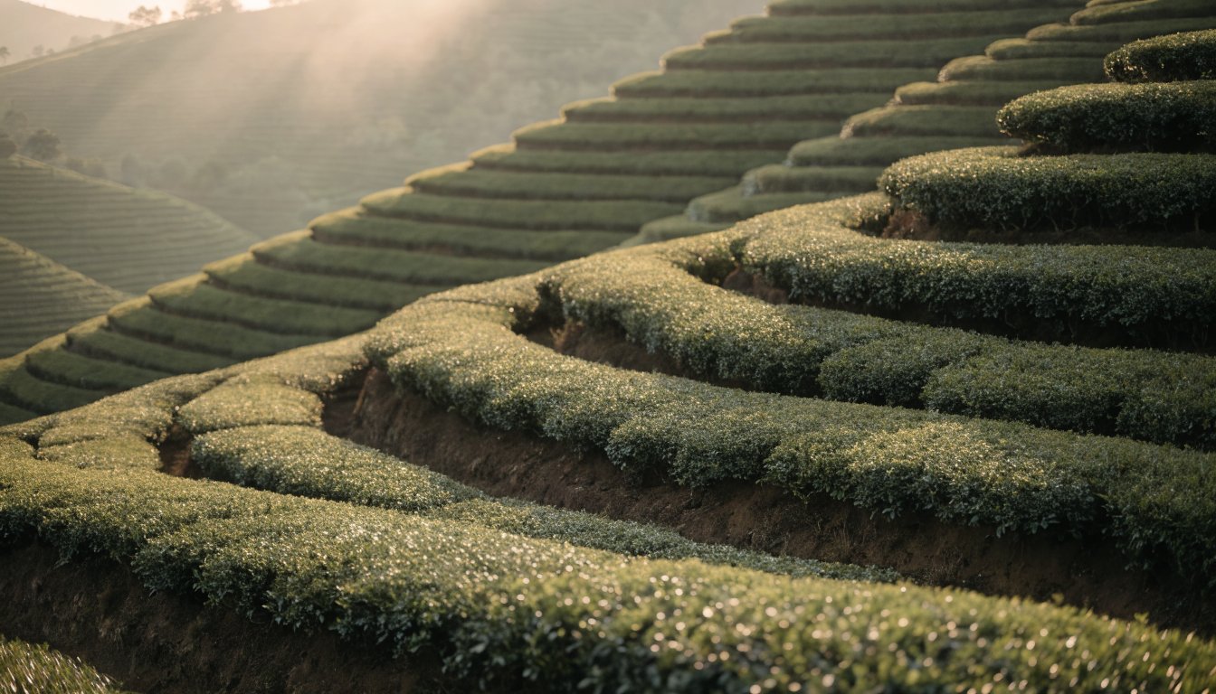 Terraced tea garden in soft morning light
