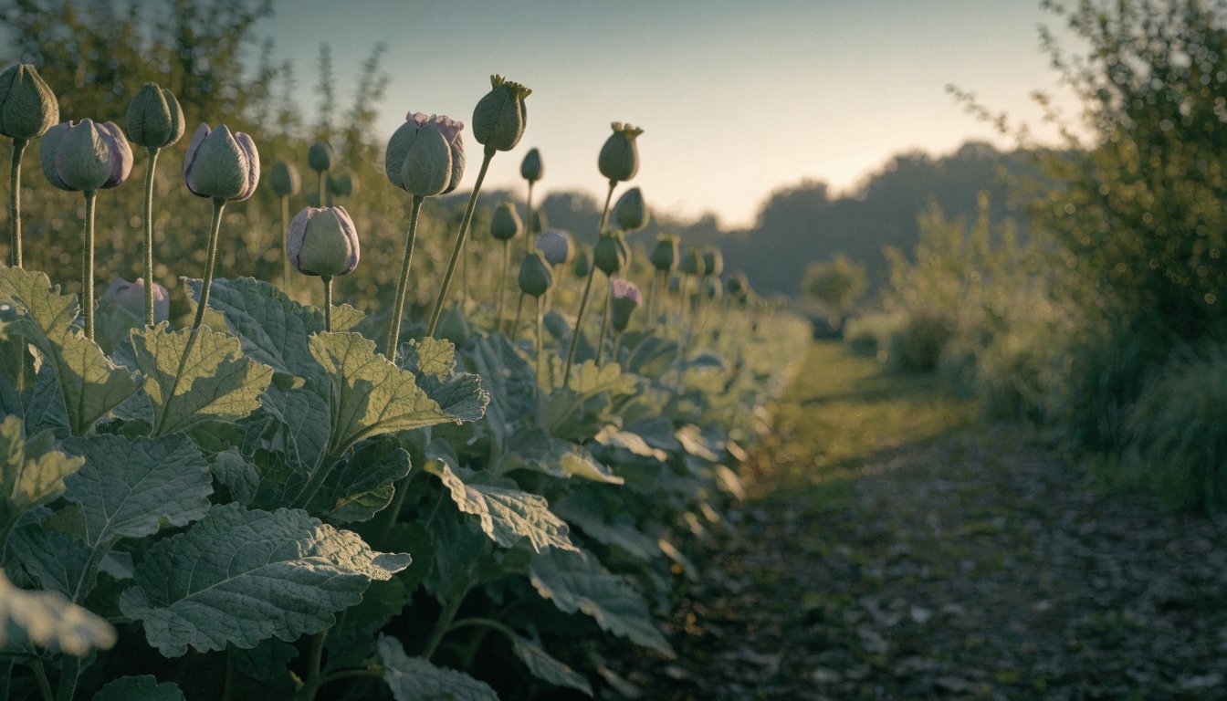 A row of flower buds slowly closing along a garden path in the last warm evening light