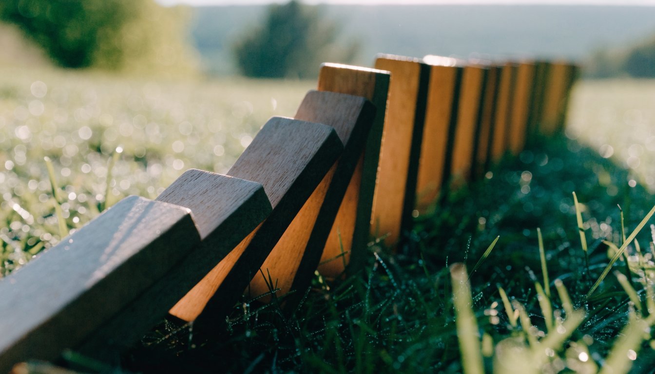 A row of dominoes topples one after another in morning light