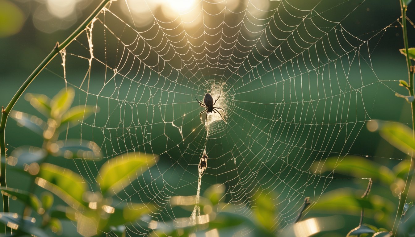 A spider repairs a storm-torn web in the first morning light