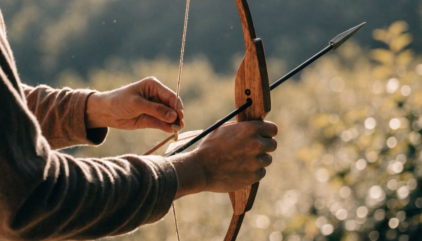 Two hands calmly draw a bow, the arrow not yet released