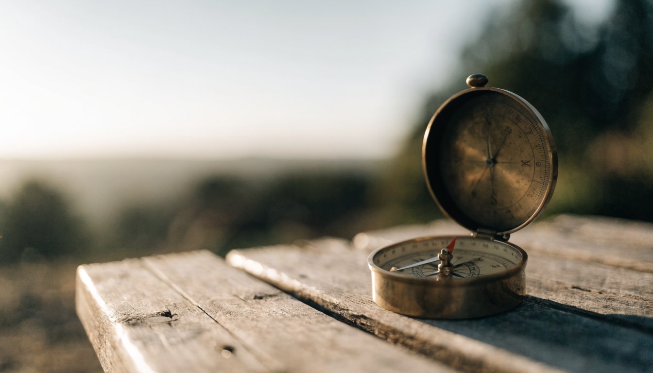 A compass needle settles to true north in morning light