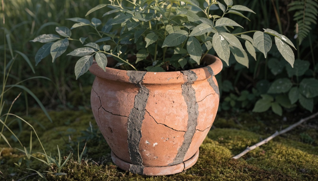 A mended clay pot holds a thriving green plant growing strong.