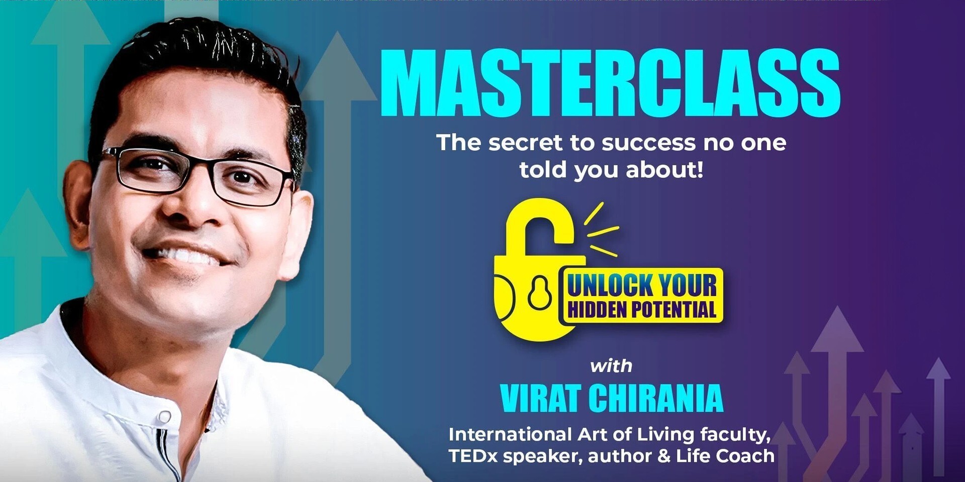Smiling man with glasses on the left side of a blue–purple gradient banner advertising a Masterclass: 'Unlock Your Hidden Potential'.